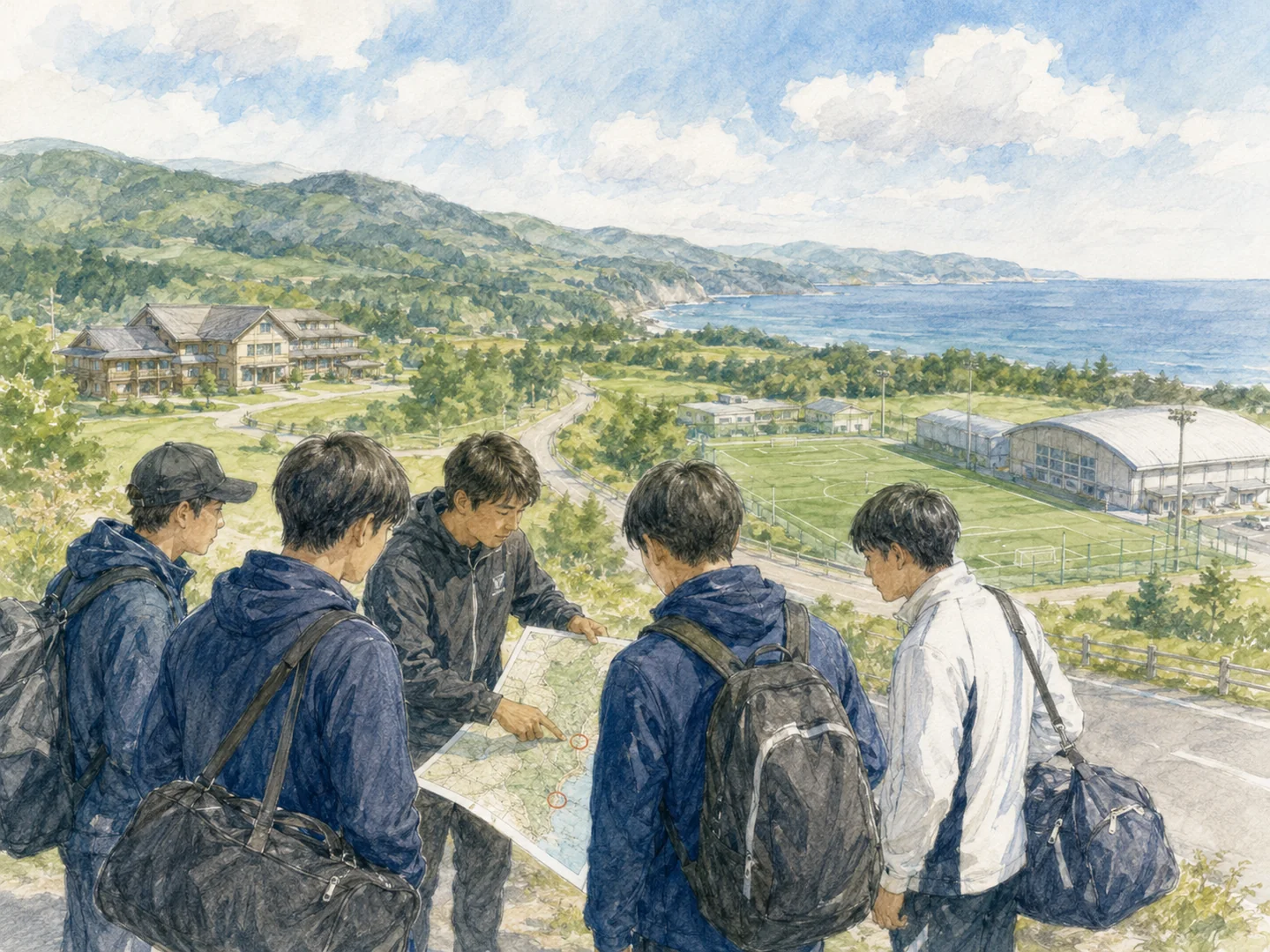 日高の海と丘を背景にスポーツ合宿の拠点を検討するチームの水彩イラスト