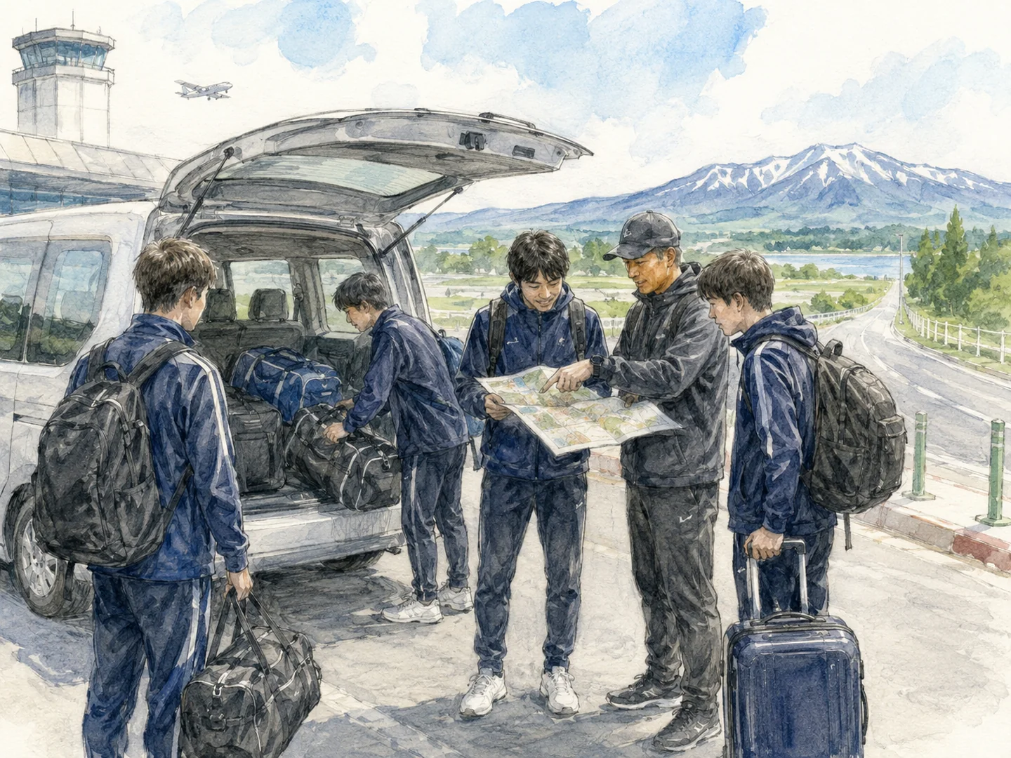 空港からの移動と北海道の合宿地を検討するスポーツチームの水彩イラスト