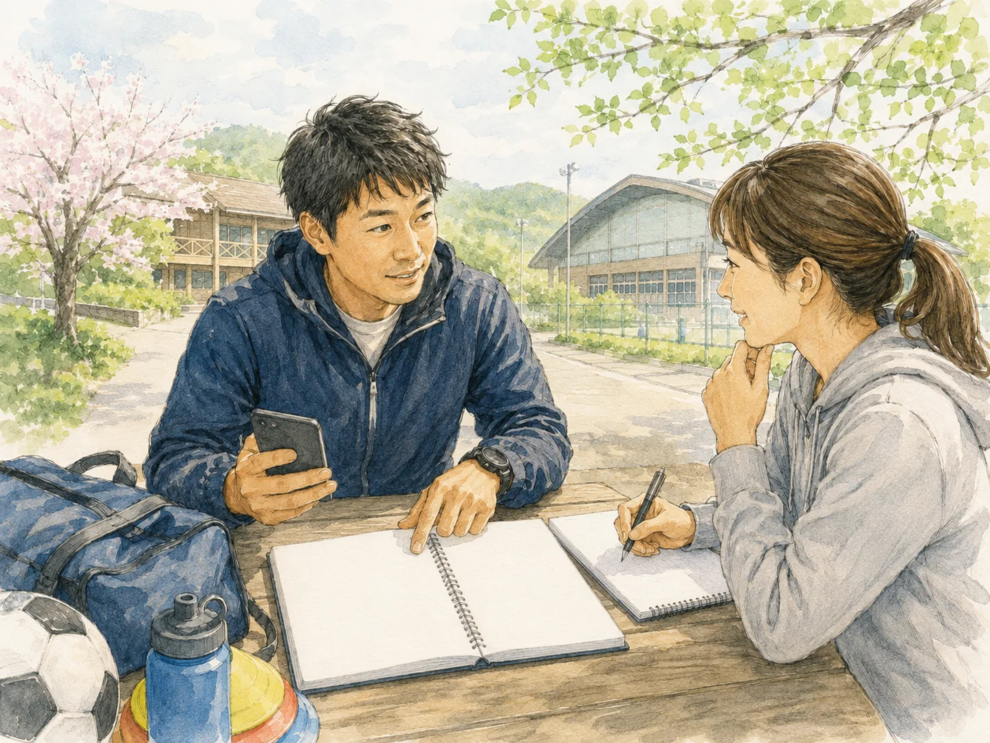 春の連休に向けて宿泊と体育館の予定を相談する担当者の水彩イラスト