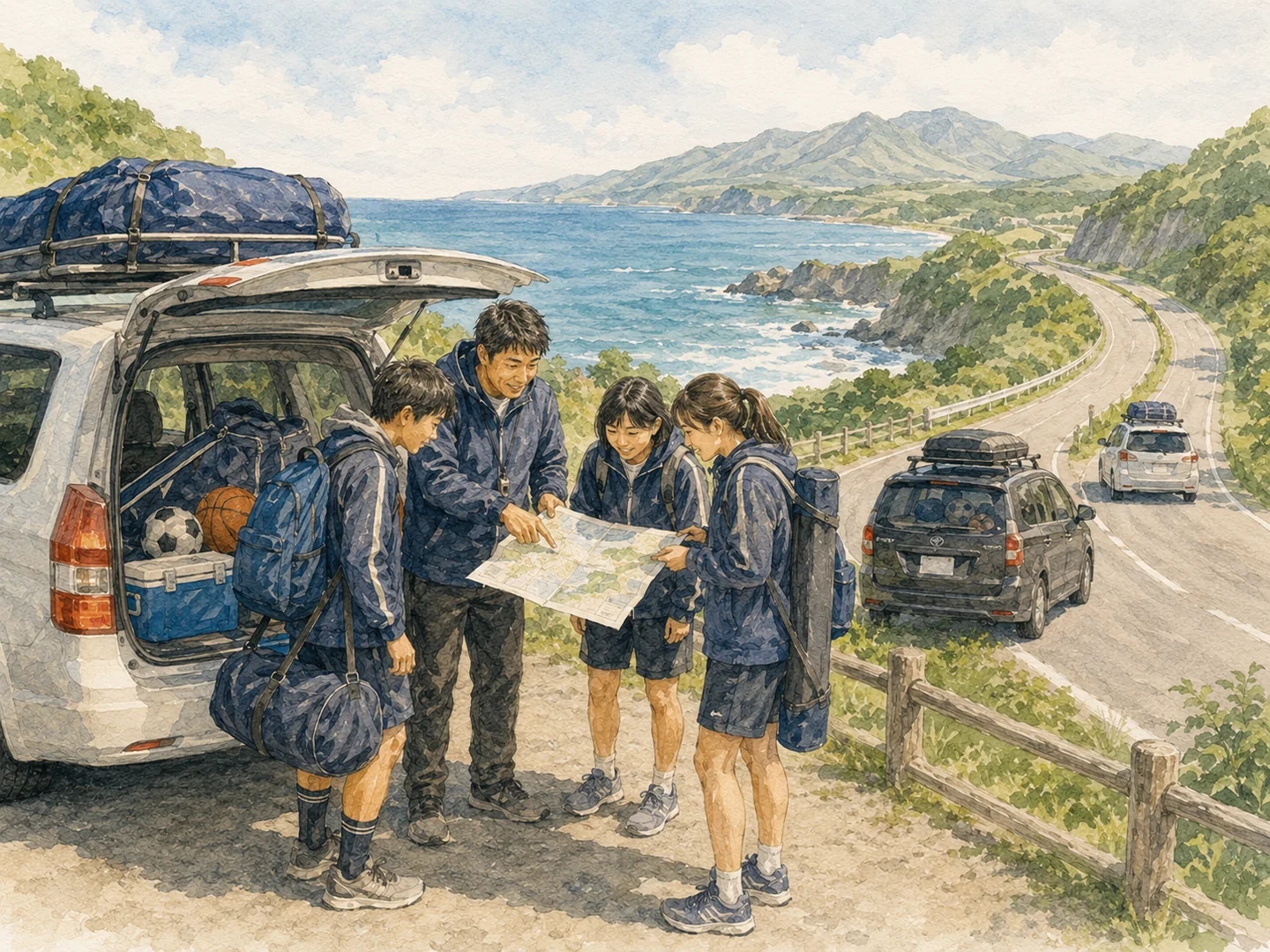 スポーツ用具を積んだ複数車両で苫小牧方面から移動するチームの水彩イラスト