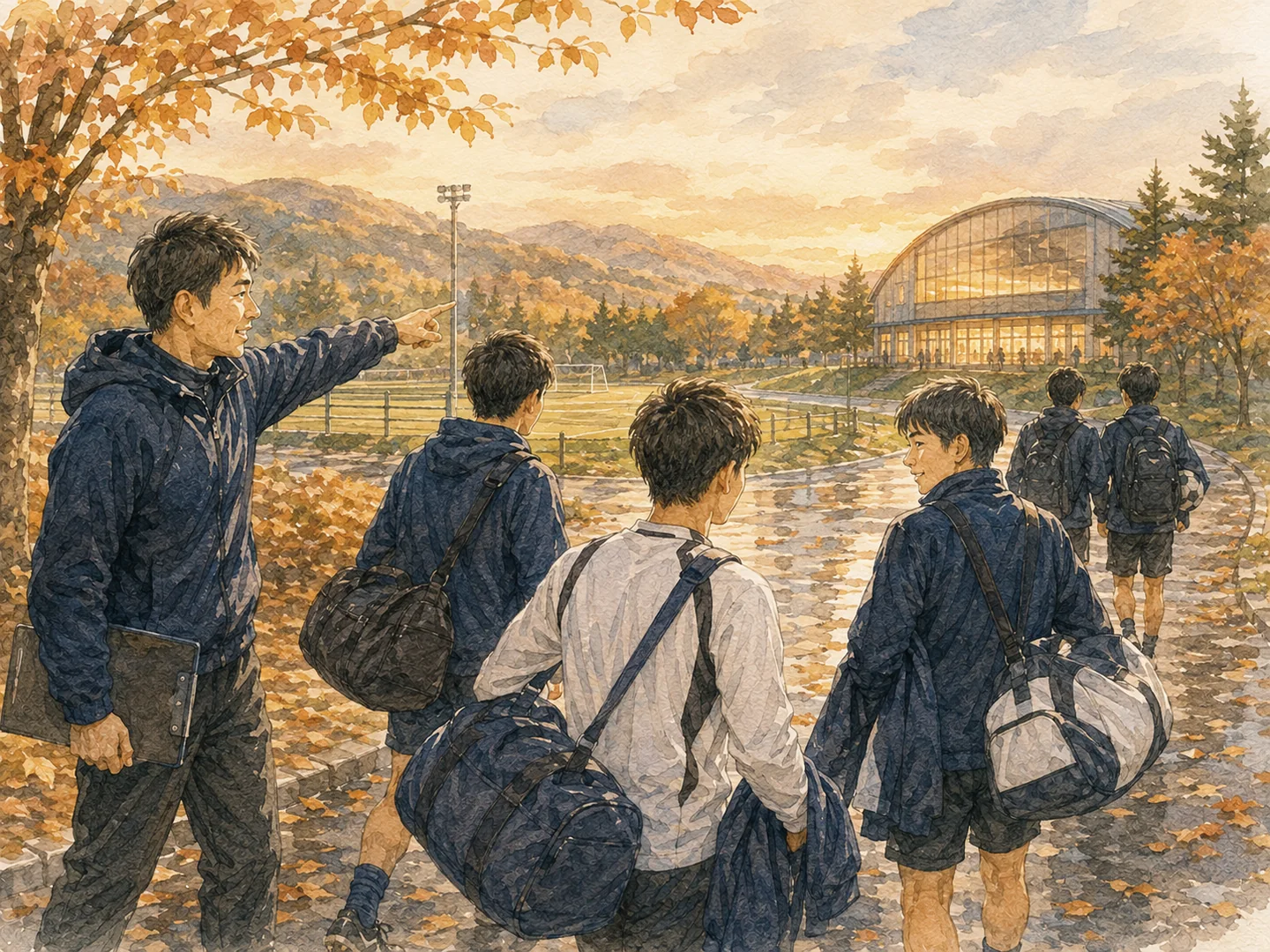 秋の夕方に北海道の練習場へ向かうスポーツチームの水彩イラスト