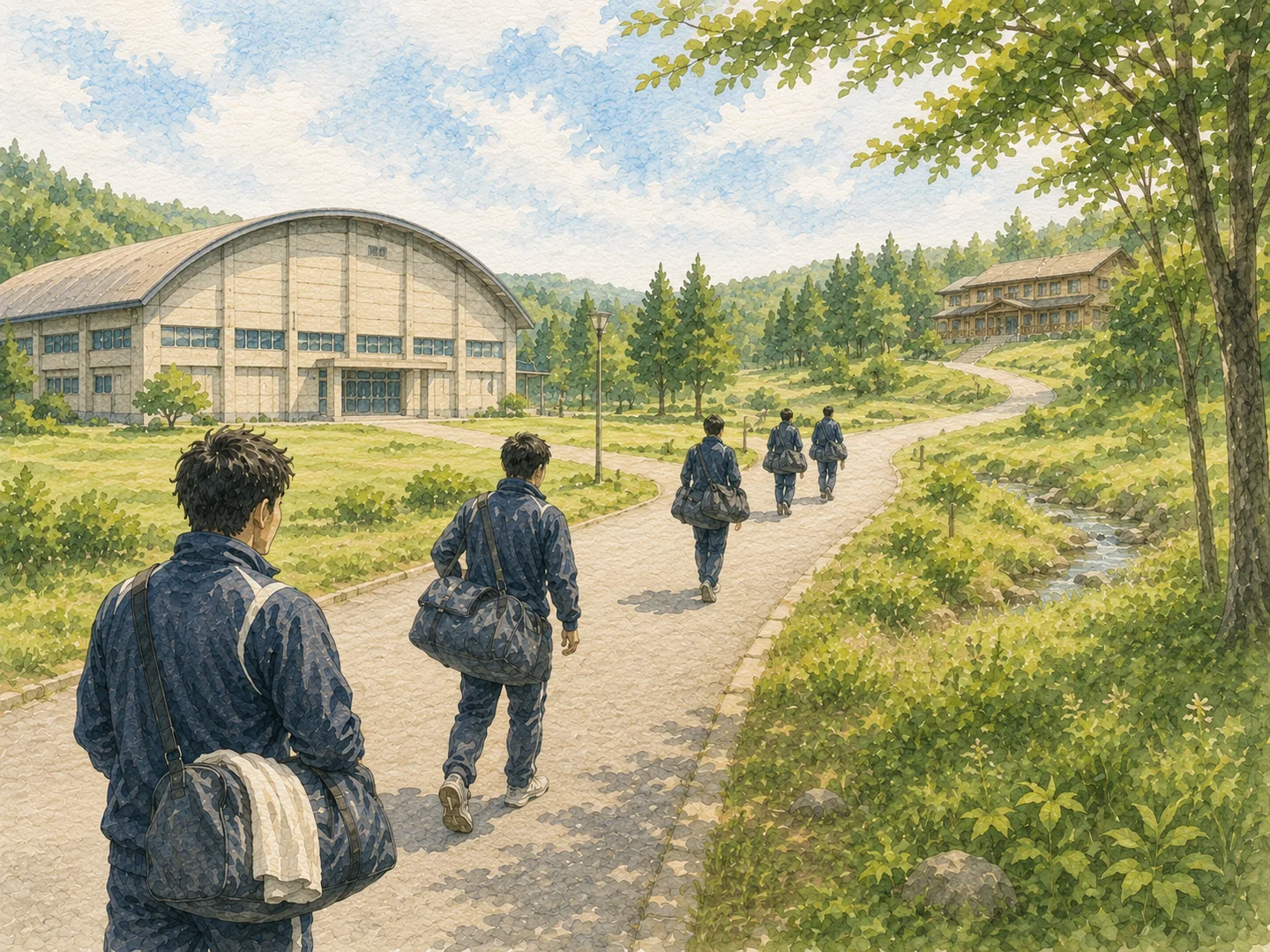 体育館と離れた宿泊拠点の間を荷物を持って移動する選手たちの水彩イラスト