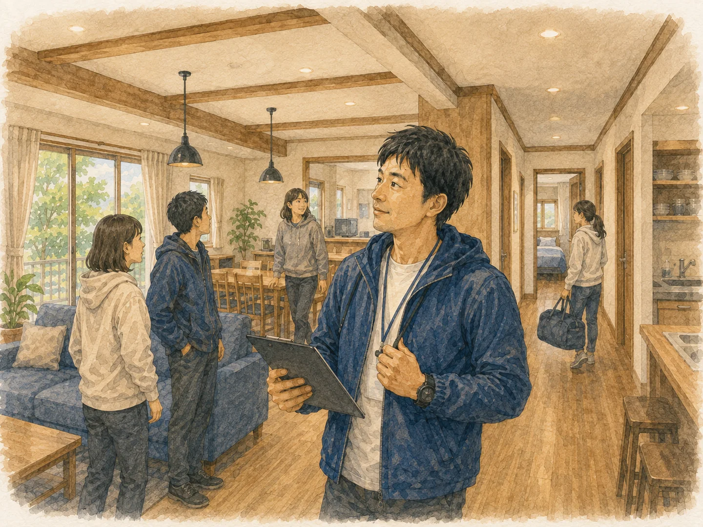 団体利用を想定して宿泊施設の共用部を確認する担当者の水彩イラスト