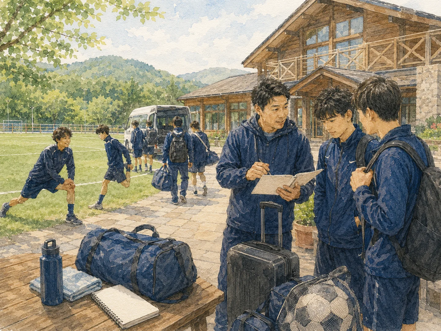 2泊3日の合宿に向けて荷物と練習予定を整理するチームの水彩イラスト