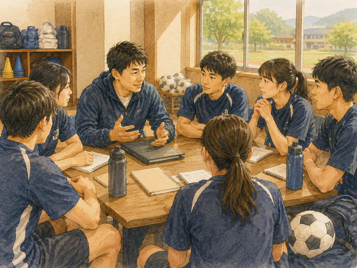 練習後に共有スペースで振り返りミーティングを行うチームの水彩イラスト
