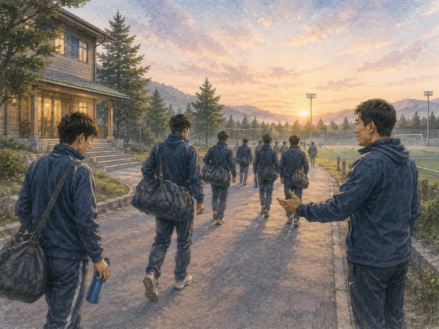朝焼けの中で宿から練習場へ向かう選手たちの水彩イラスト