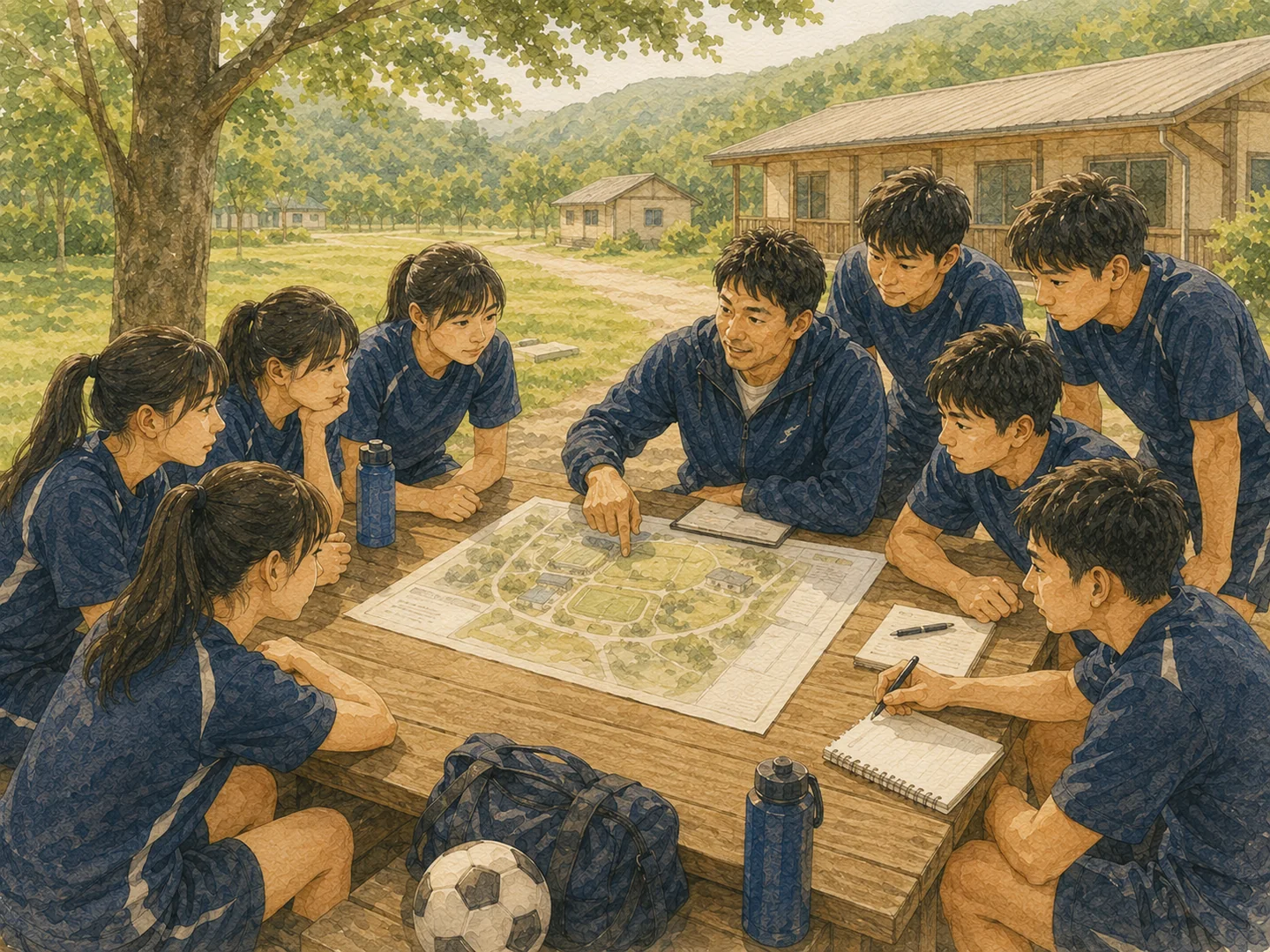 10〜20人ほどの少人数チームが合宿計画を確認する水彩イラスト