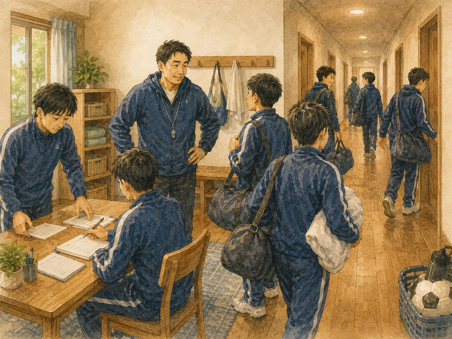 引率者と選手が宿泊施設で部屋配置や動線を確認する水彩イラスト