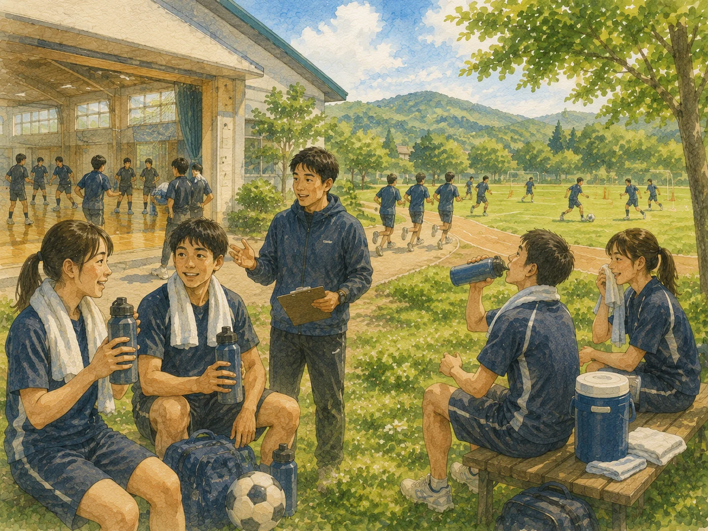夏のスポーツ合宿で水分補給と休息を取る選手たちの水彩イラスト