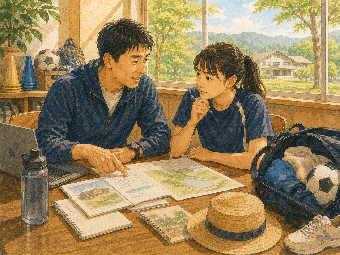 夏休みの部活合宿について顧問と学生が予定を相談する水彩イラスト