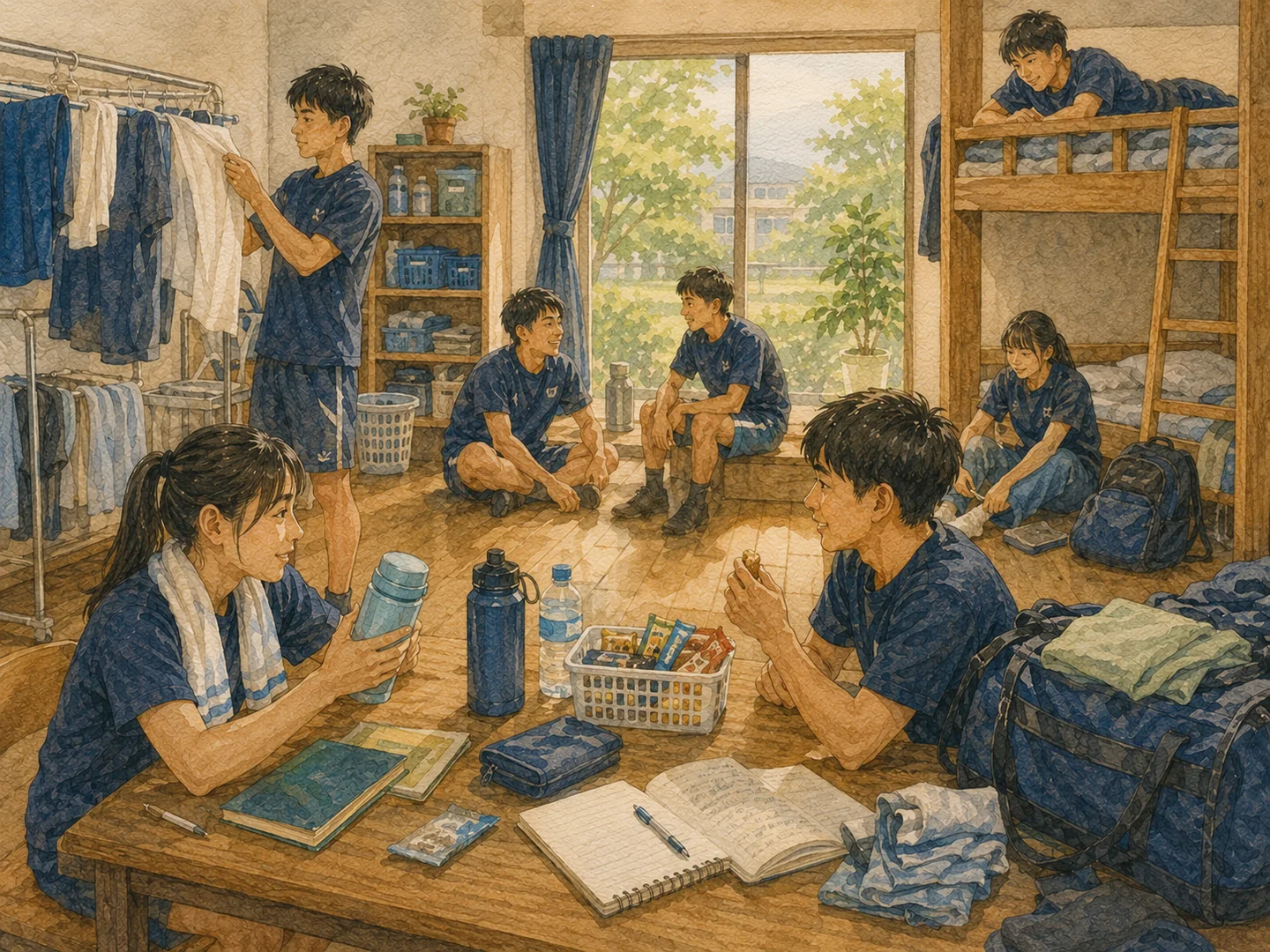洗濯物や荷物が並ぶ長期スポーツ合宿の生活空間を描いた水彩イラスト