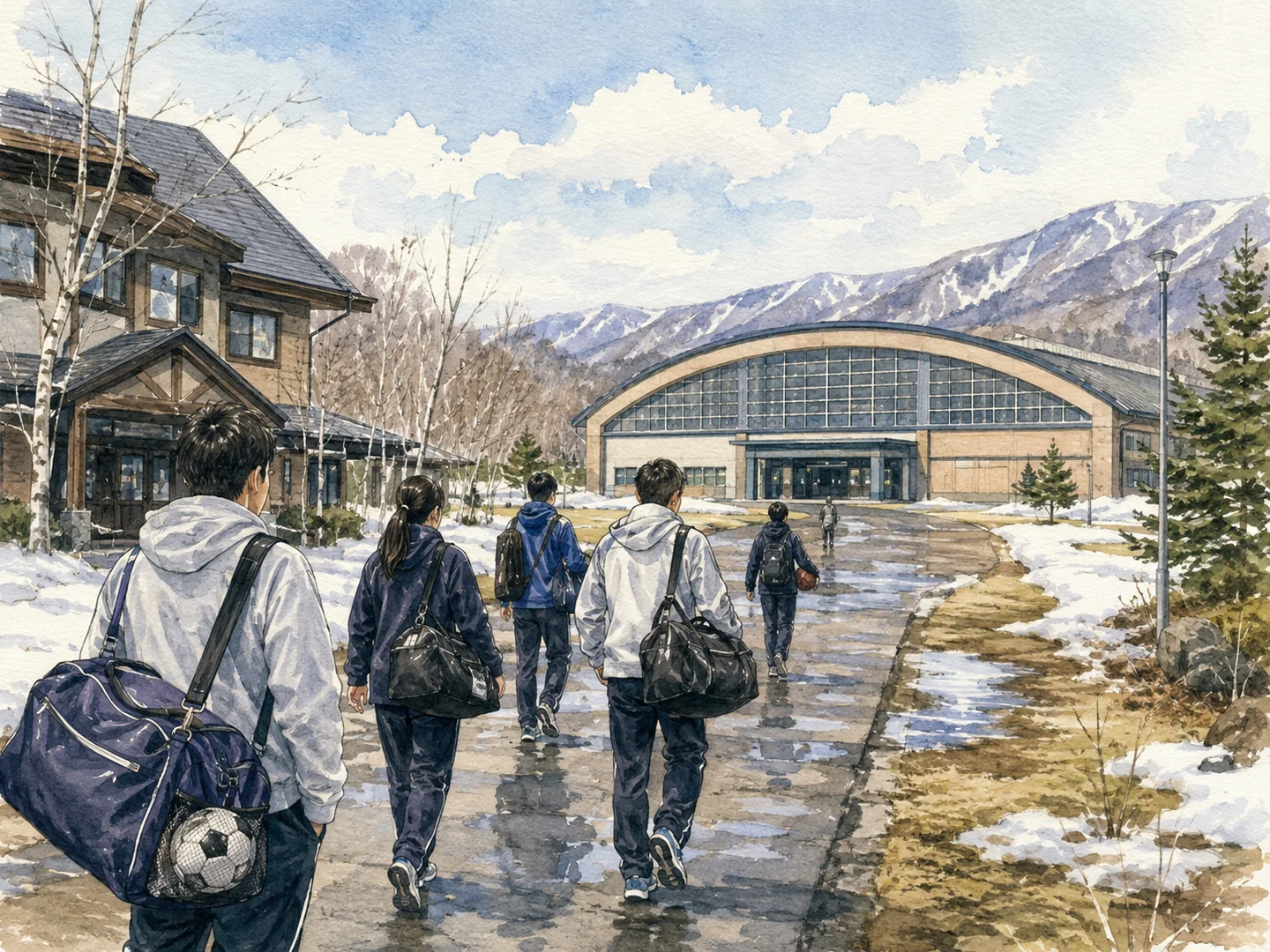 雪解けの北海道で屋内体育館へ向かう選手たちの水彩イラスト