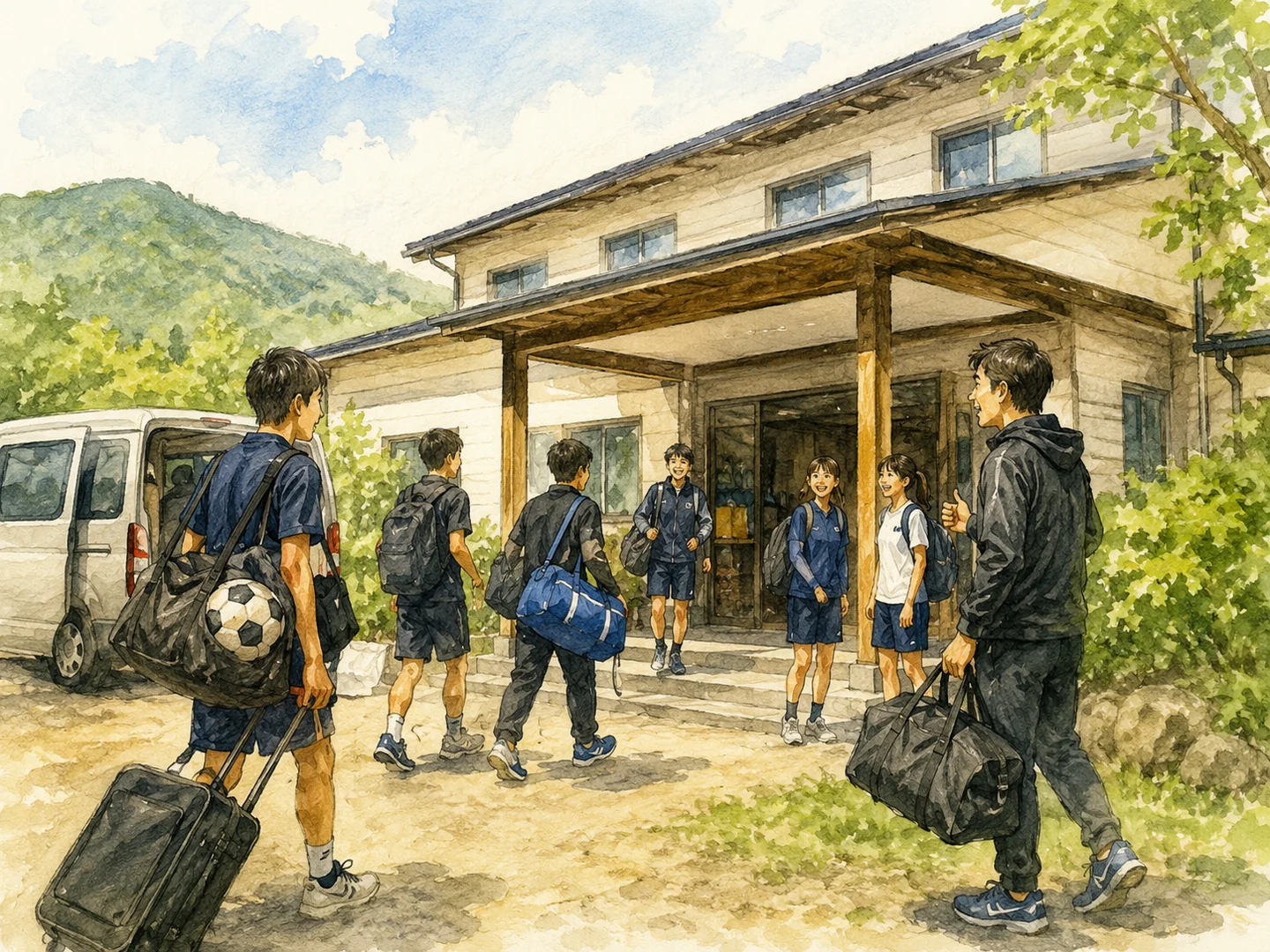 短期合宿の荷物を持って宿泊施設へ到着する学生チームの水彩イラスト