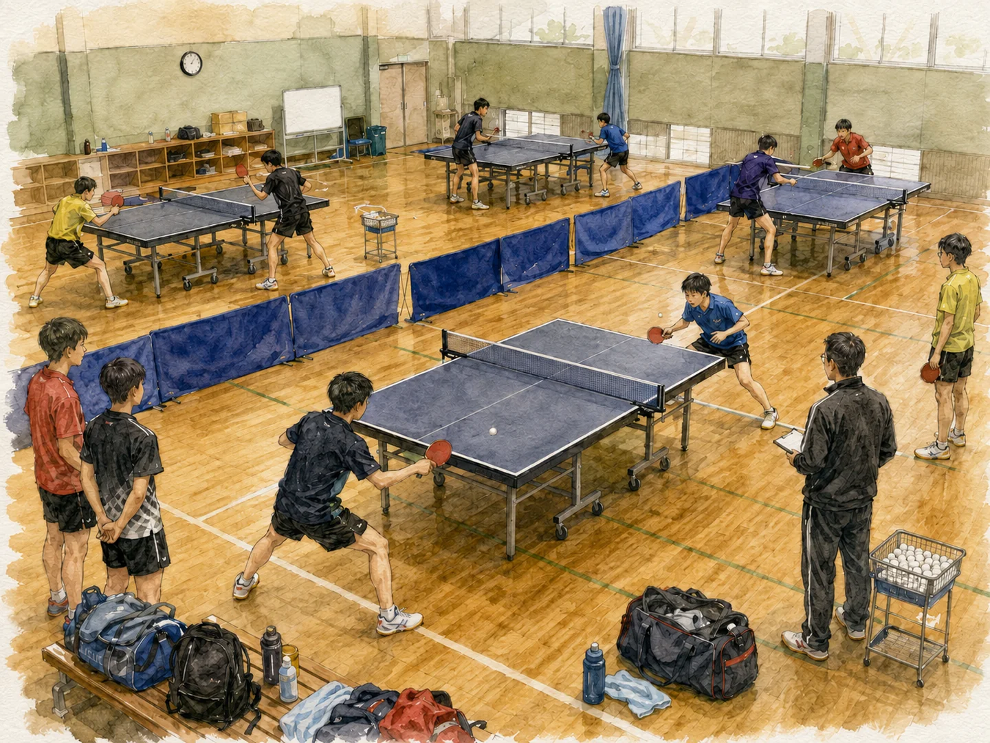 複数の卓球台で練習し指導者が見守る合宿チームの水彩イラスト