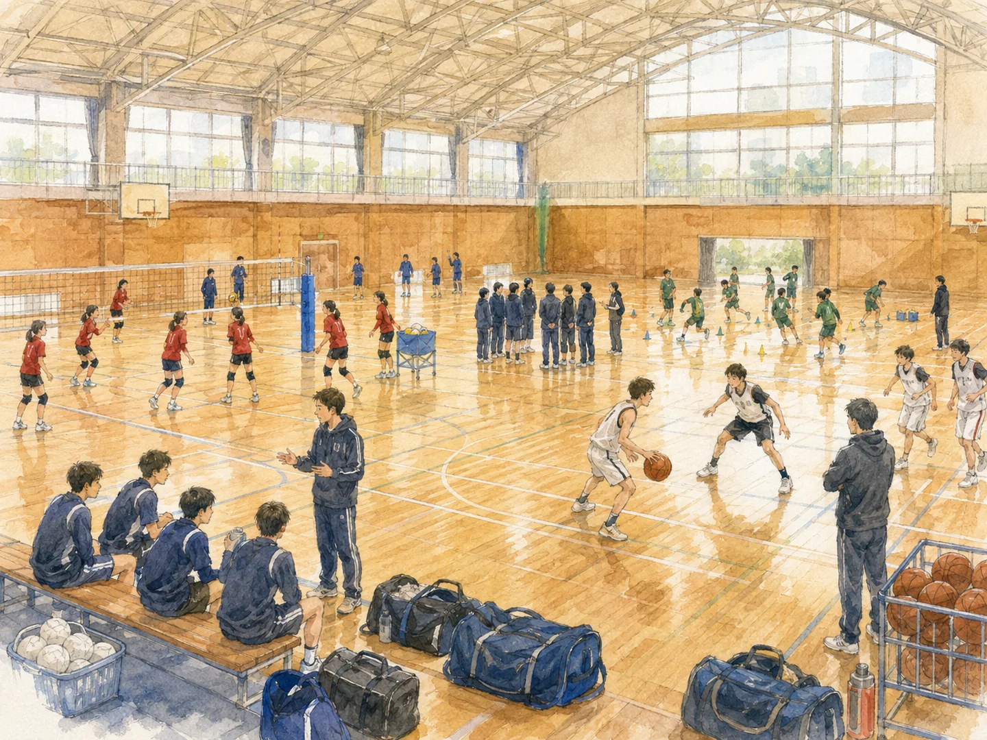 複数のスポーツチームが同じ体育館で合同練習する様子の水彩イラスト