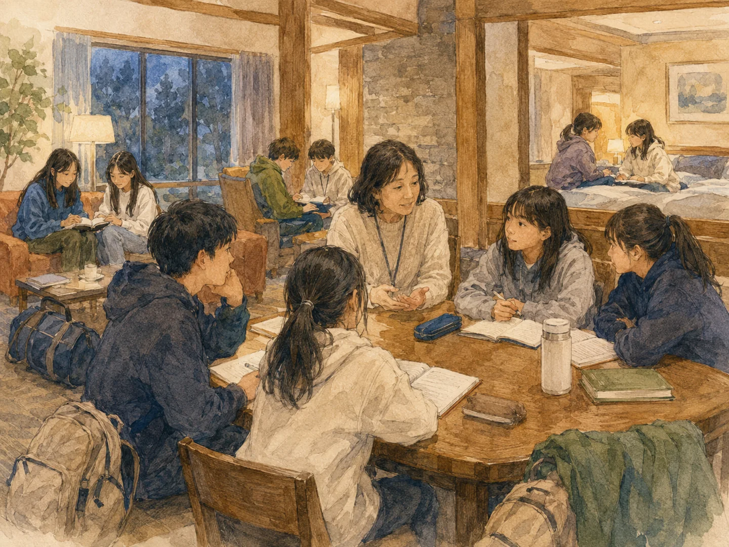 引率者と学生が宿泊施設の共有スペースで研修する様子の水彩イラスト