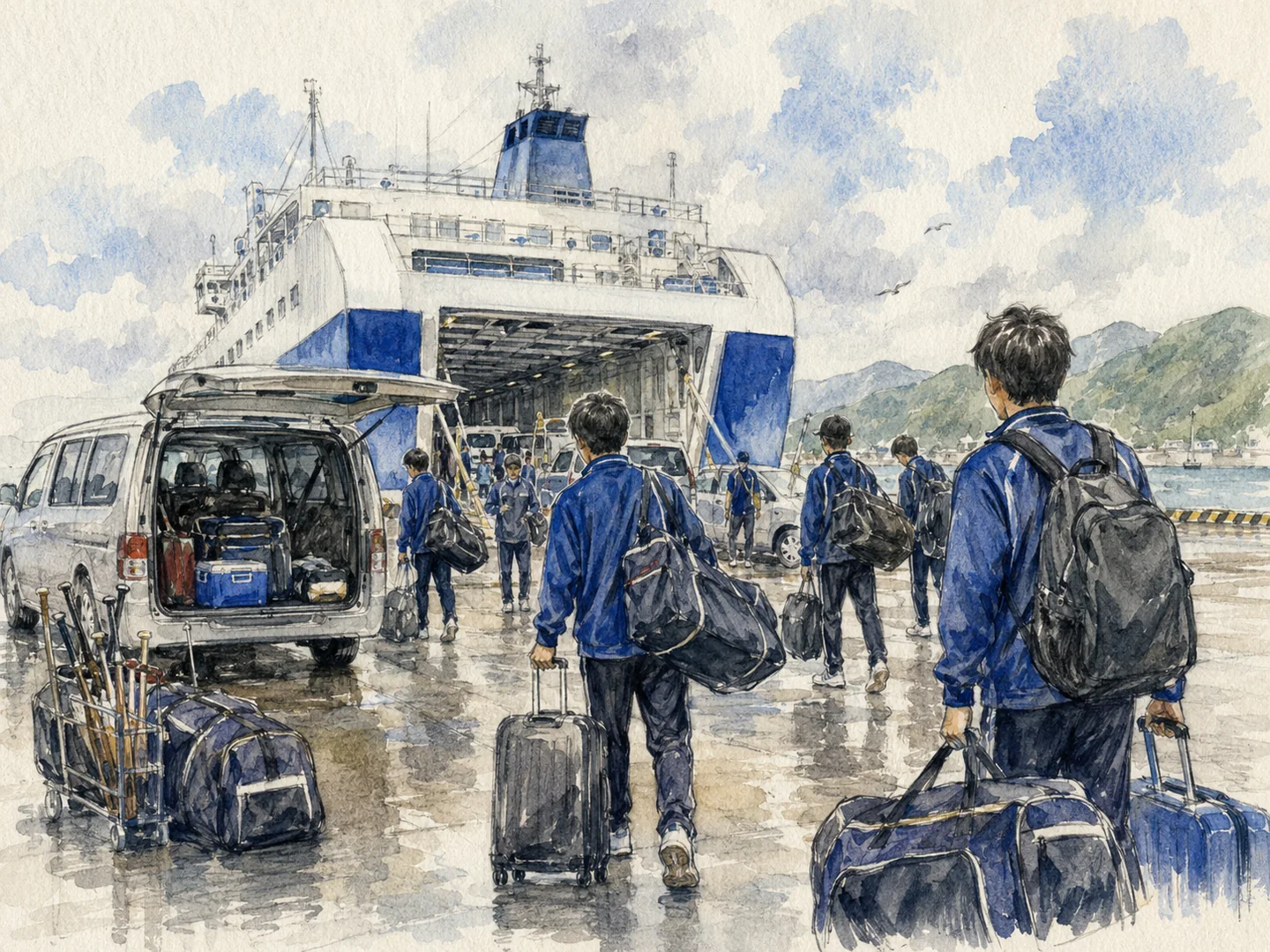 フェリーから車両とスポーツ用具を降ろして移動するチームの水彩イラスト