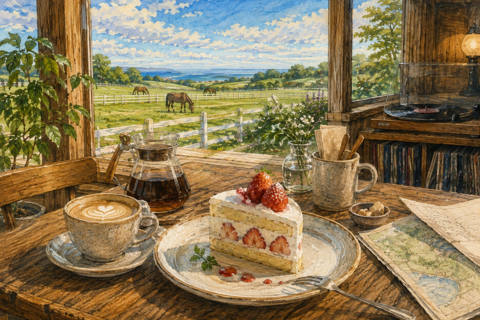 新冠の牧場と海を望む木のカフェで、苺のケーキとコーヒー、レコードを描いた水彩イラスト