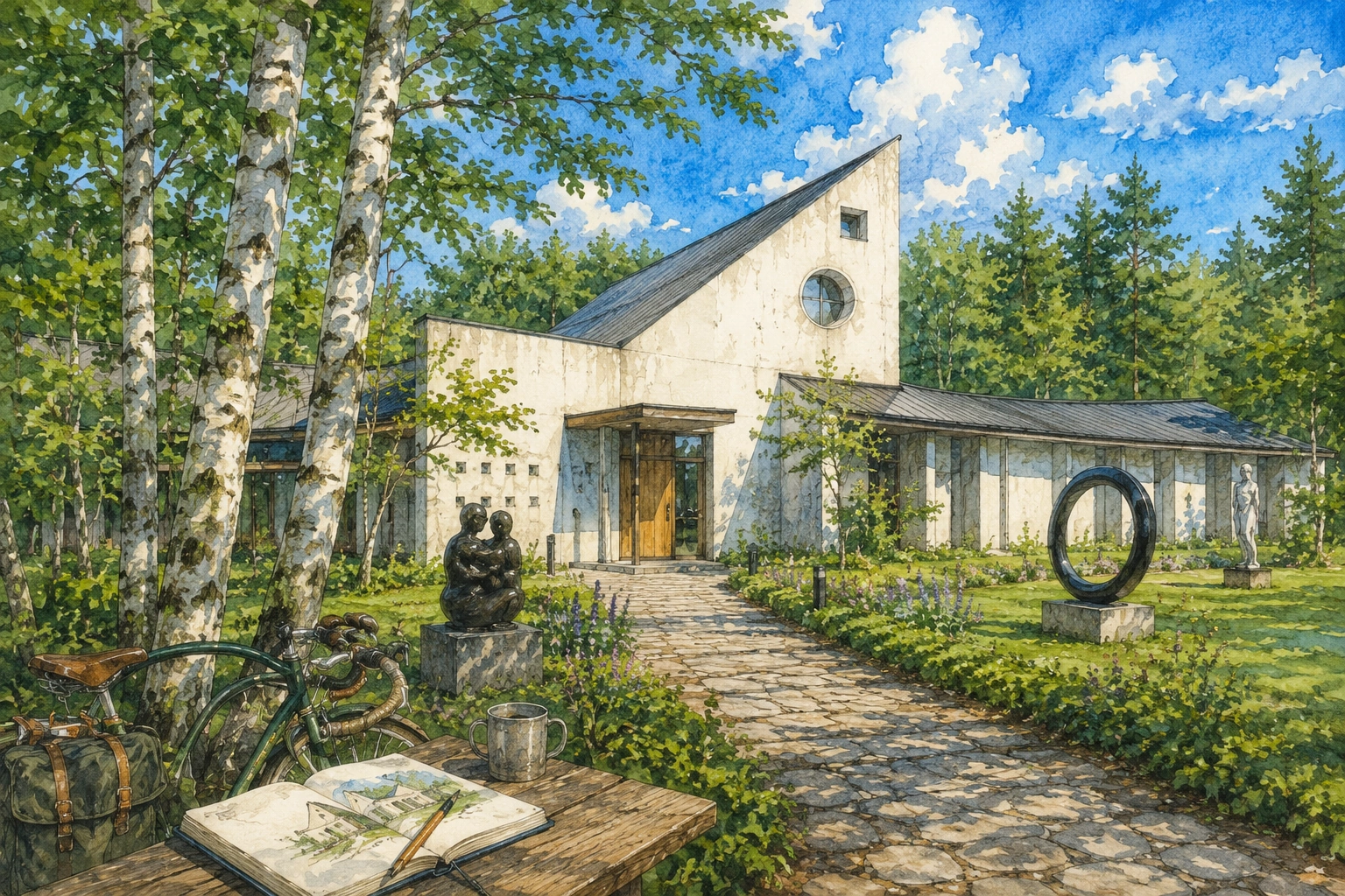 白樺の森に建つ太陽の森ディマシオ美術館と彫刻、自転車、スケッチブックを描いた水彩イラスト