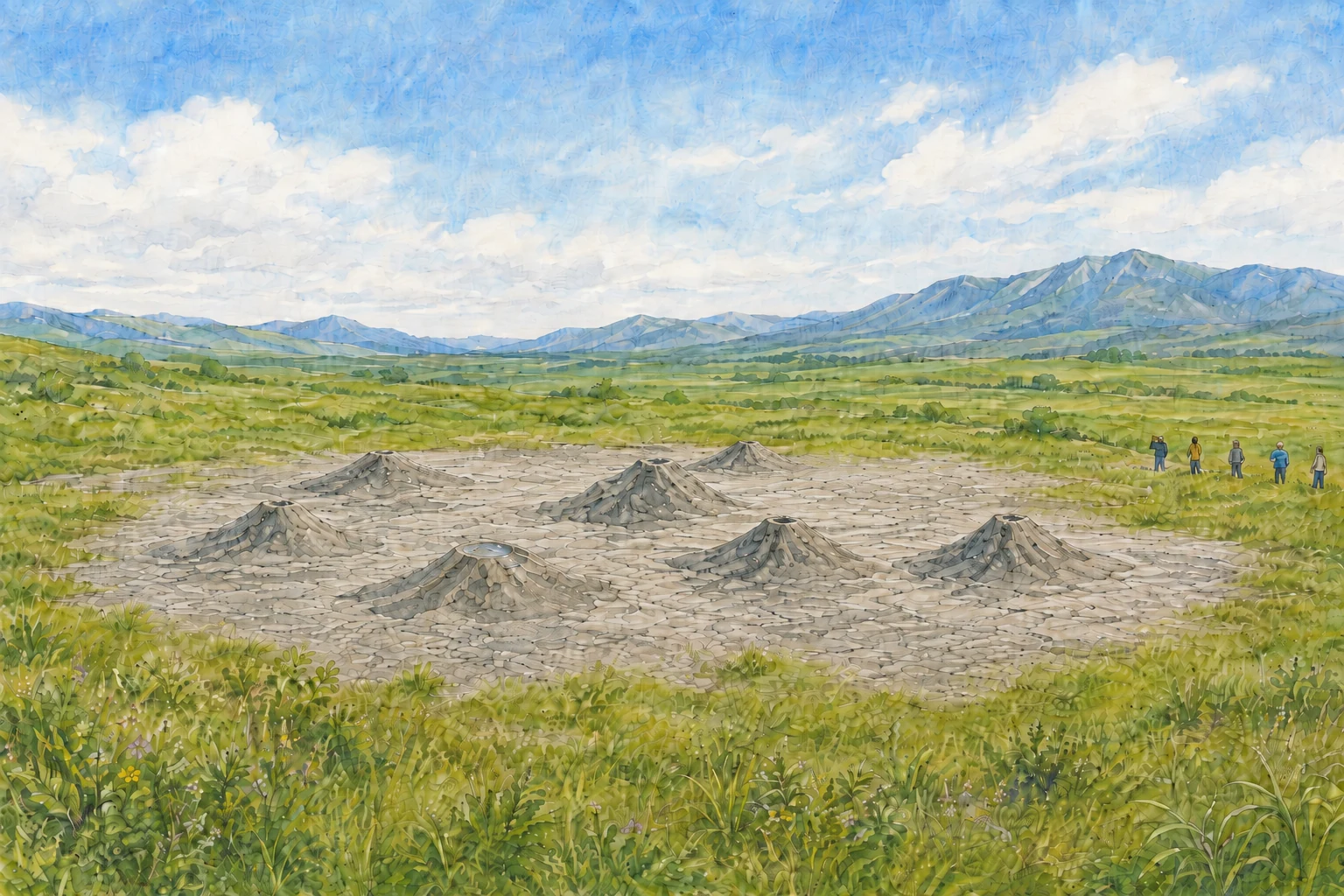 草原の中に広がる新冠泥火山を離れた場所から観察する人々のイメージイラスト
