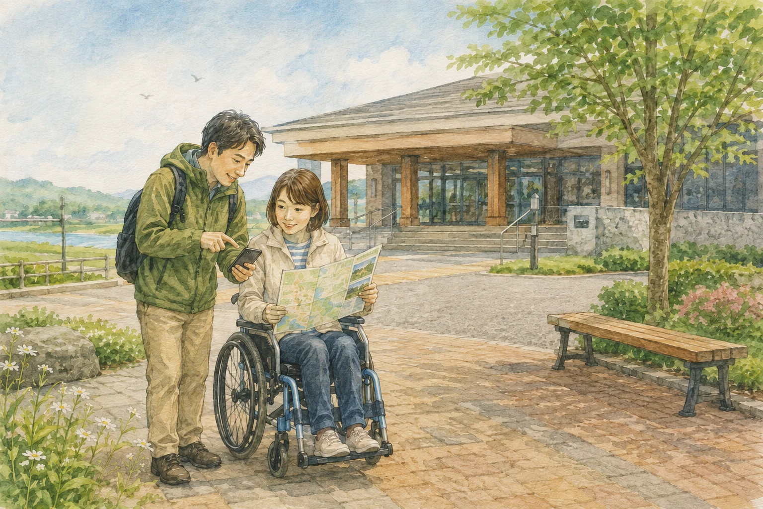 車いす利用者と同行者が施設前で地図とスマートフォンを確認するイメージイラスト