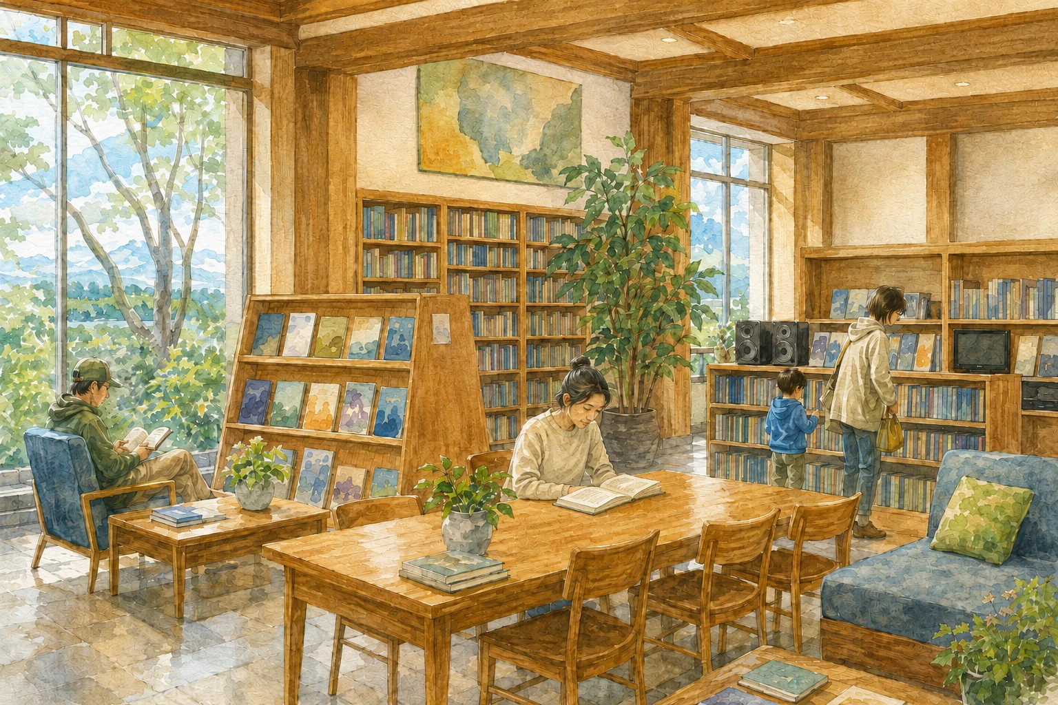 木の温もりがある図書プラザで本や視聴覚資料を楽しむ利用者のイメージイラスト
