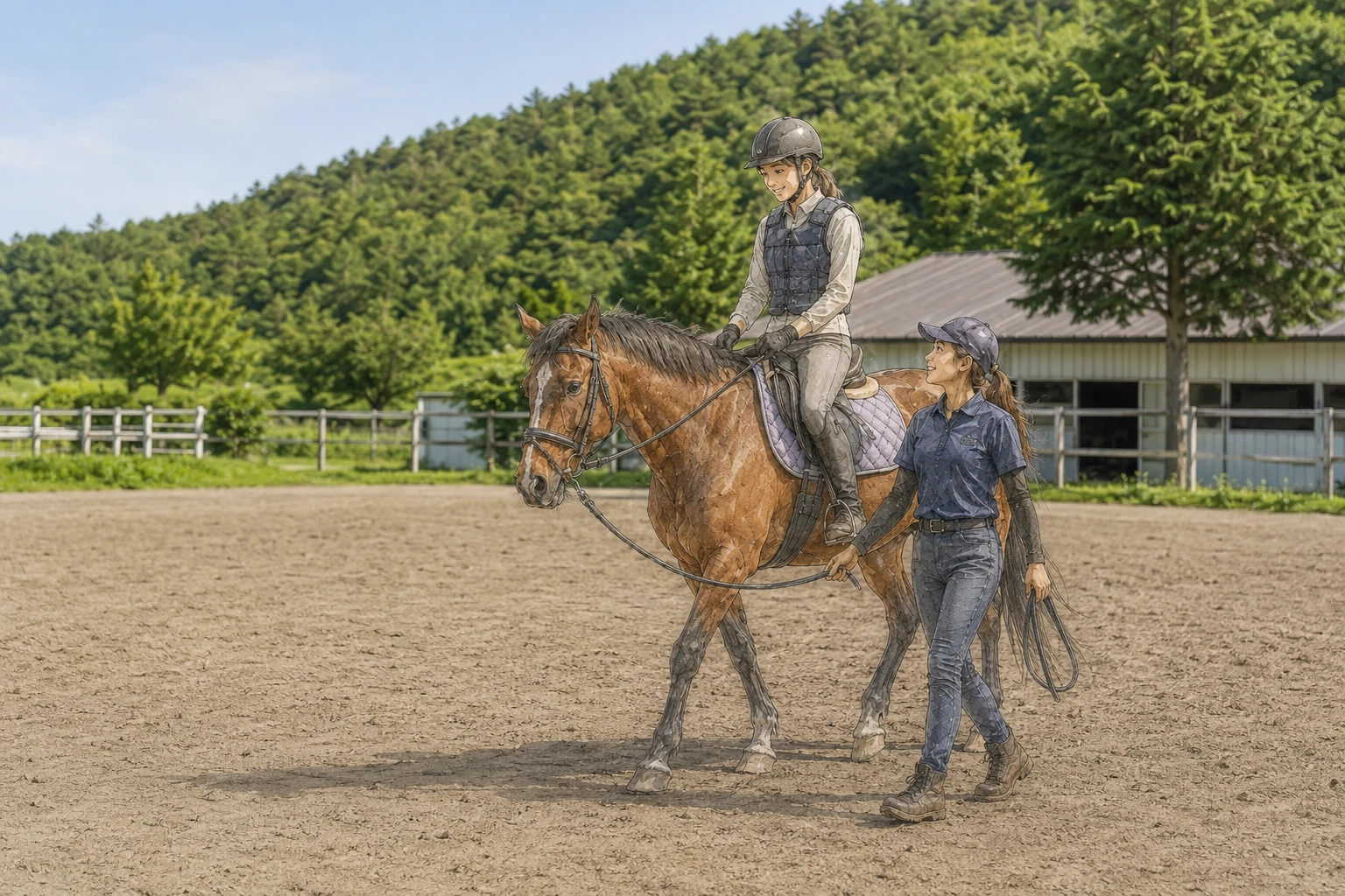 緑の丘を背景に初心者が乗馬体験をする様子
