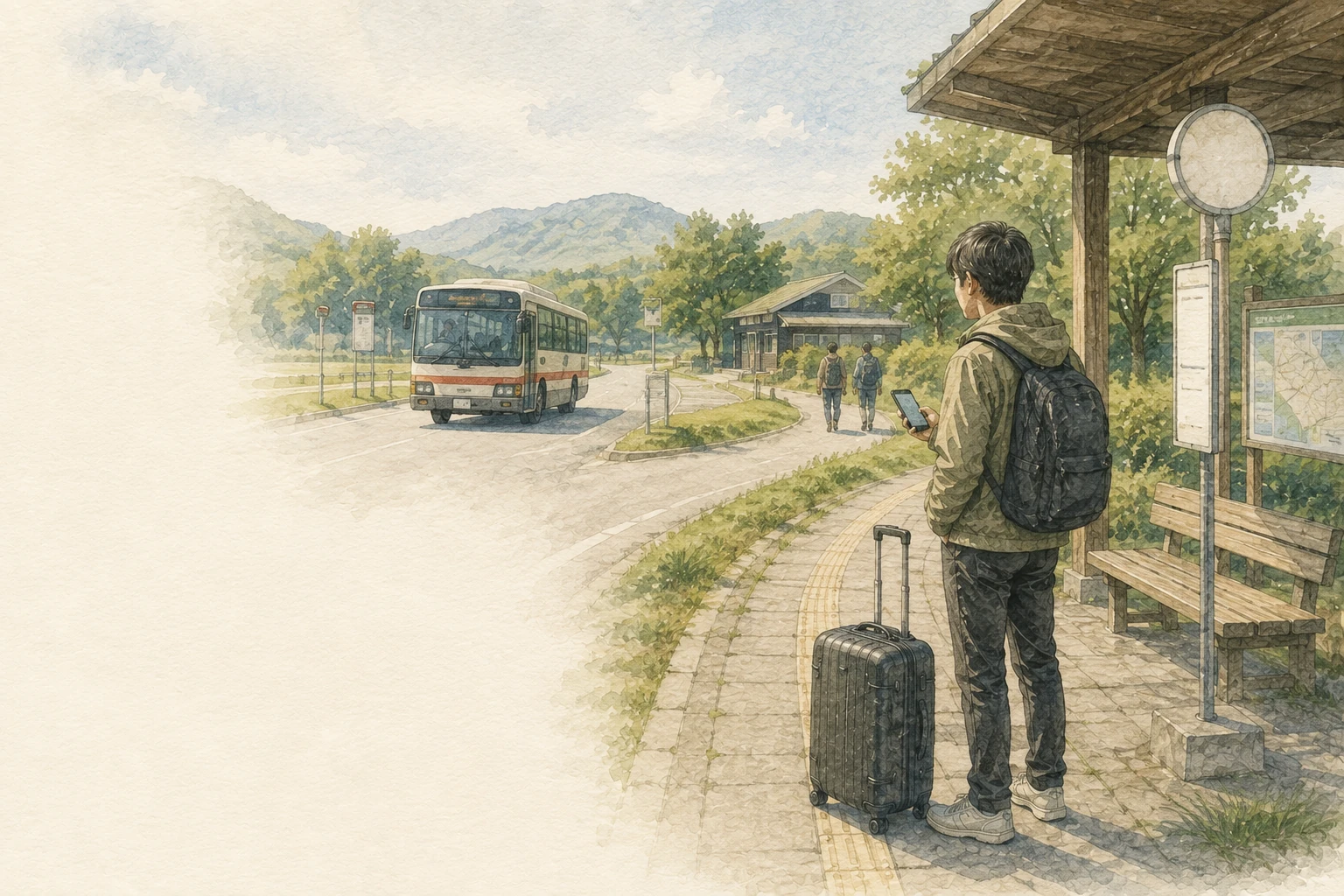 新冠町でバスを待つ車を使わない旅行者のイメージ