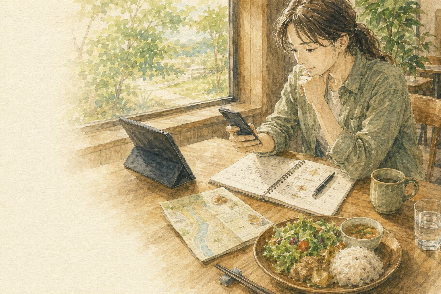 新冠町で営業情報を確認しながら食事場所を探す旅行者のイメージ