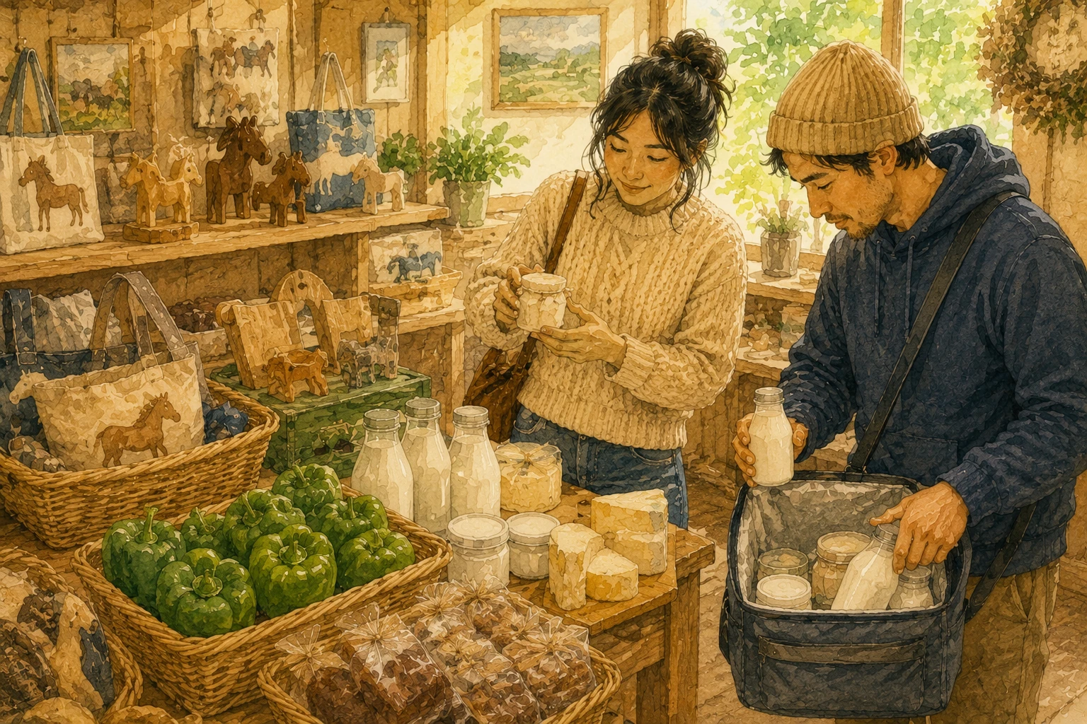 地域の売店で、緑のピーマンや乳製品、菓子、馬をモチーフにした雑貨を見比べ、要冷蔵品を保冷バッグへ入れる旅行者のイメージ
