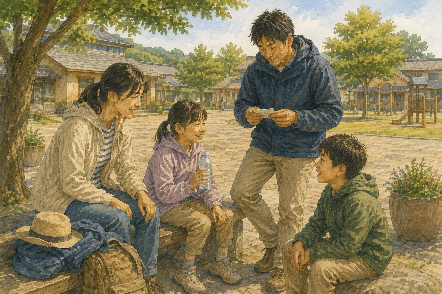 屋外の広場で休憩し、子どもの様子を見ながら小さな地図で次の立寄り先を確認する家族のイメージ