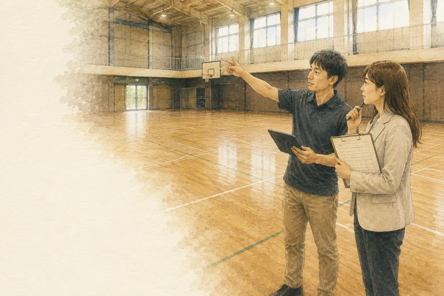 新冠町のスポーツ施設を団体利用前に確認する担当者のイメージ