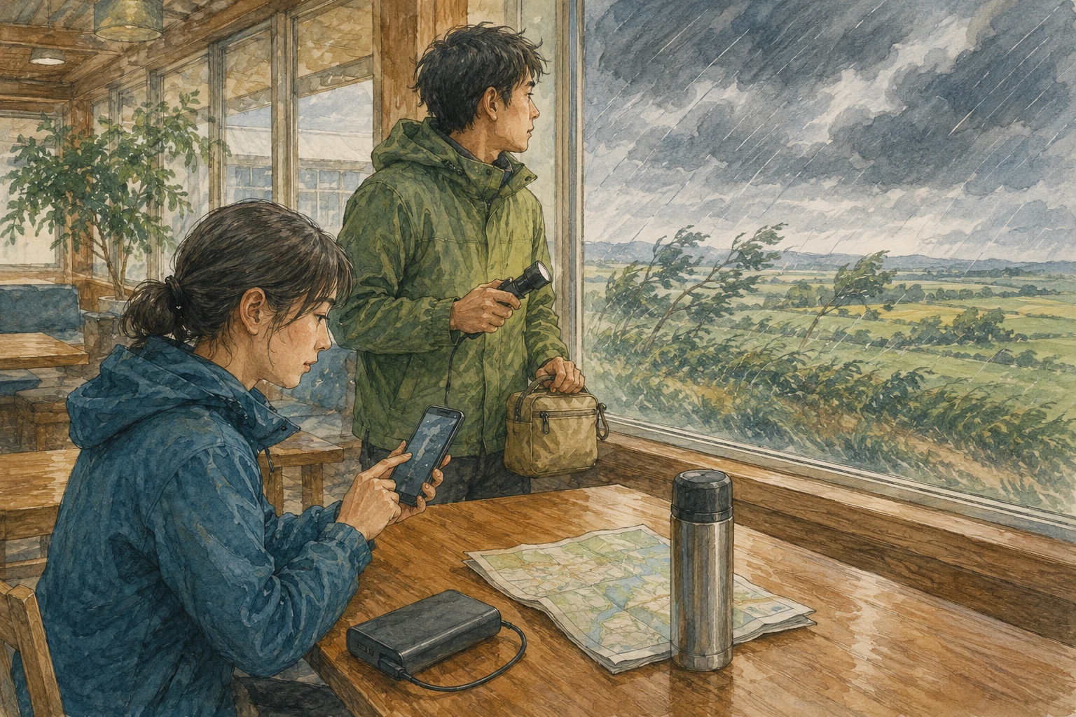 強い風雨の中、室内でスマートフォンや地図を確認し、懐中電灯などを準備する旅行者のイメージ