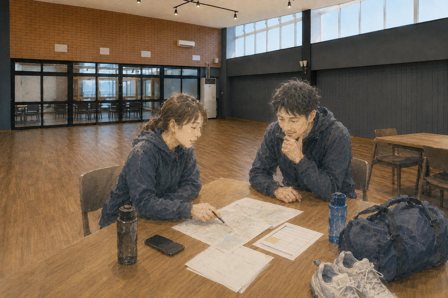 地図を囲んで大会遠征の計画を確認するチーム