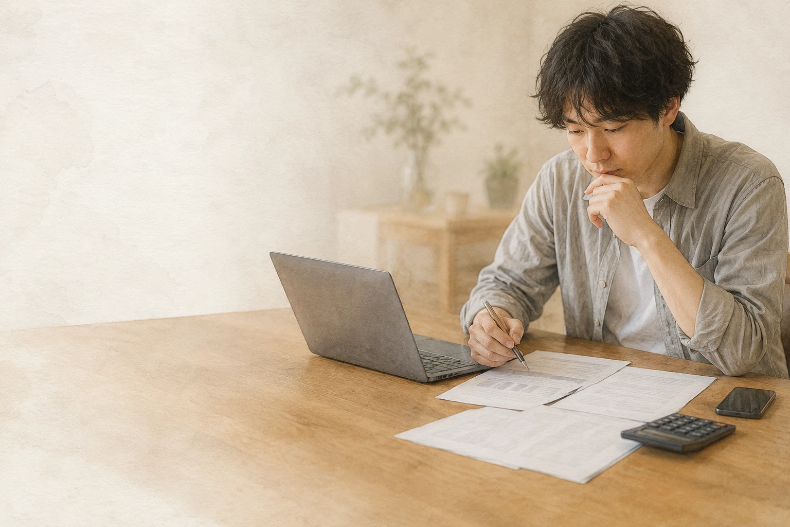 合宿の予算と参加費を資料と電卓で整理する幹事