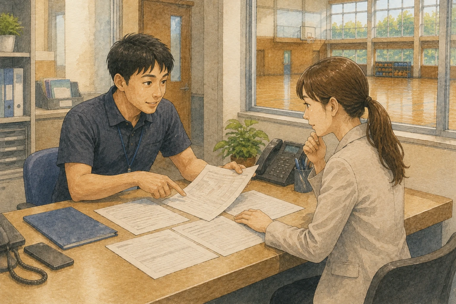 体育館の利用前に、施設担当者と空き状況や申請条件を確認するイメージ