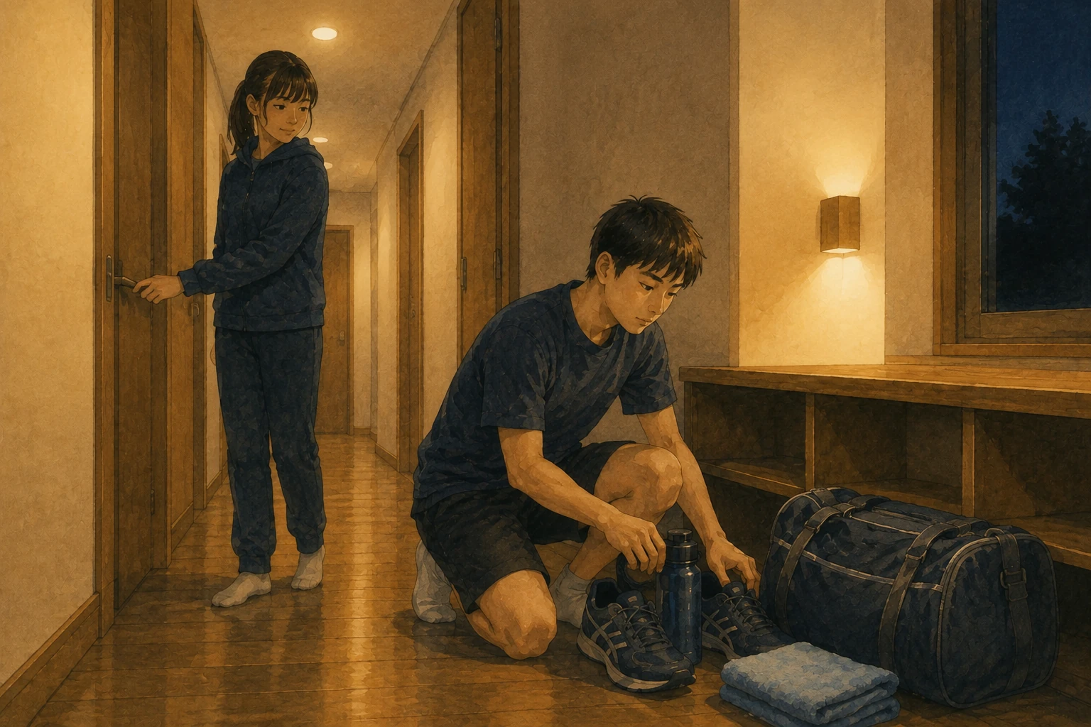 夜の静かな廊下で、扉を閉めながら翌朝の靴やバッグ、水筒を壁際へまとめる合宿参加者のイメージ