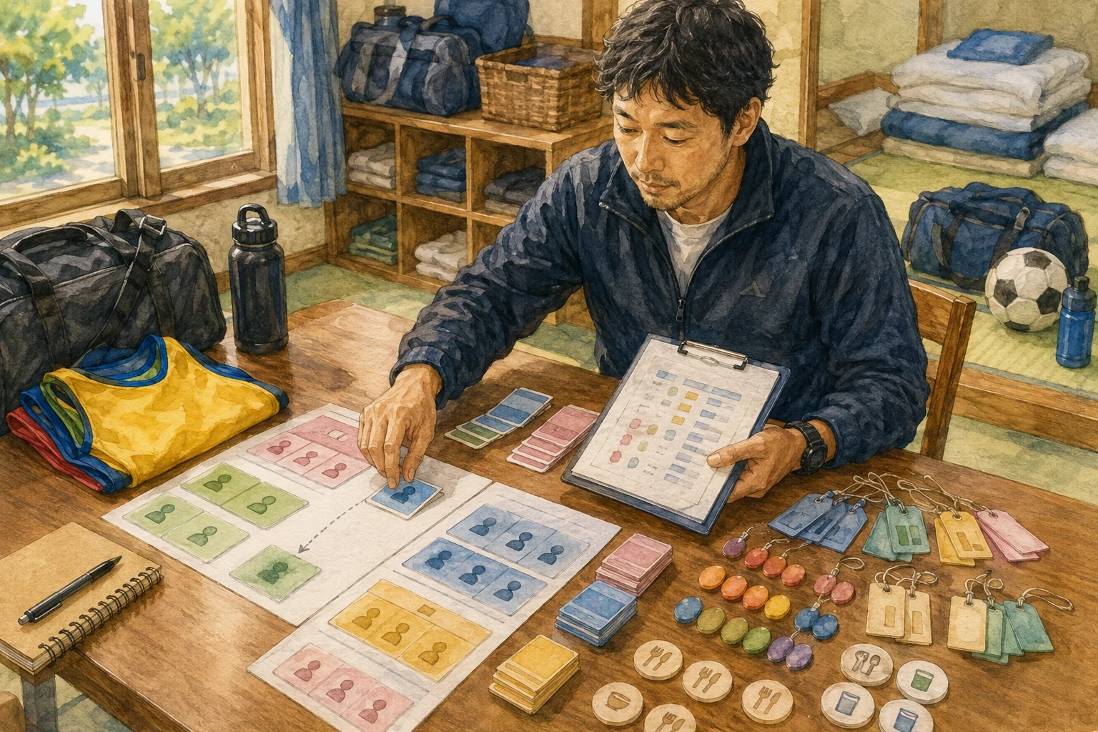 合宿の人数変更に合わせて荷物札と部屋割りを整理し直す担当者のイメージ
