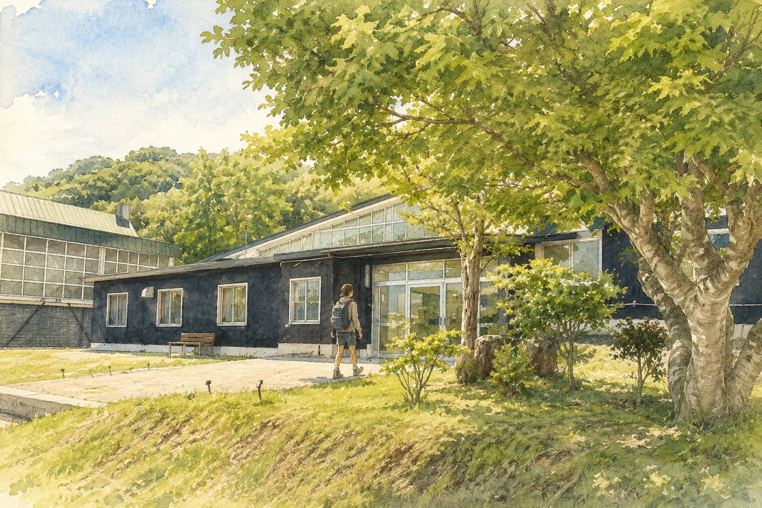 木々に囲まれたBASE NIIKAPPUの建物へ向かう宿泊者のイメージ