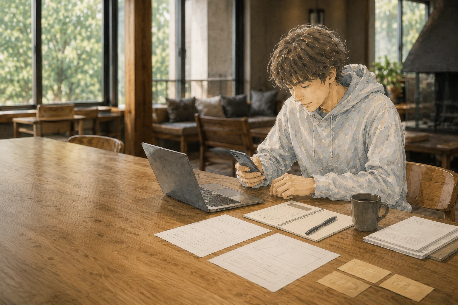 パソコンと書類で宿泊予約の条件を確認する人物