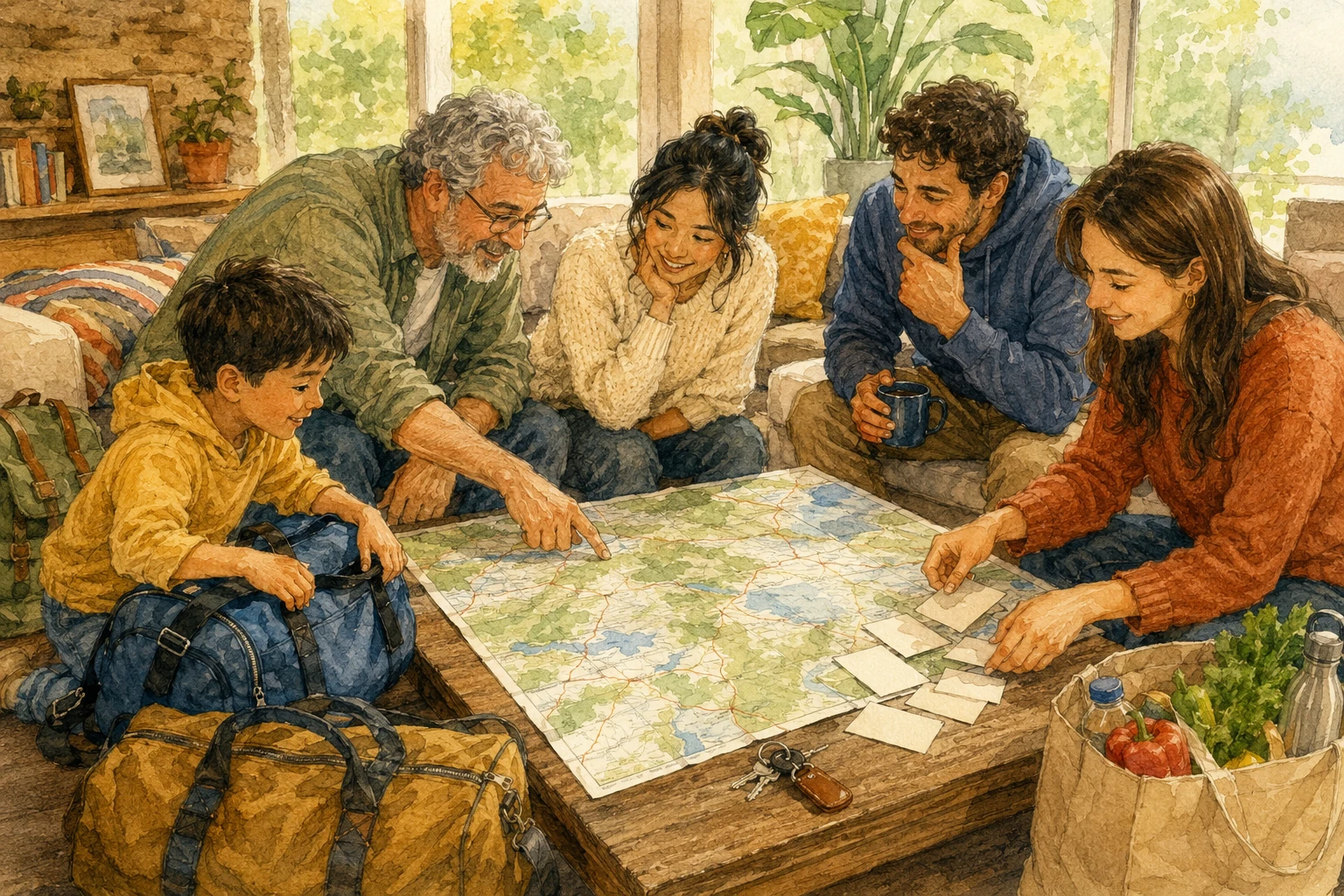 多世代の家族・友人グループが、地図や旅行バッグ、車の鍵、食事の準備を囲んで宿泊計画を相談するイメージ