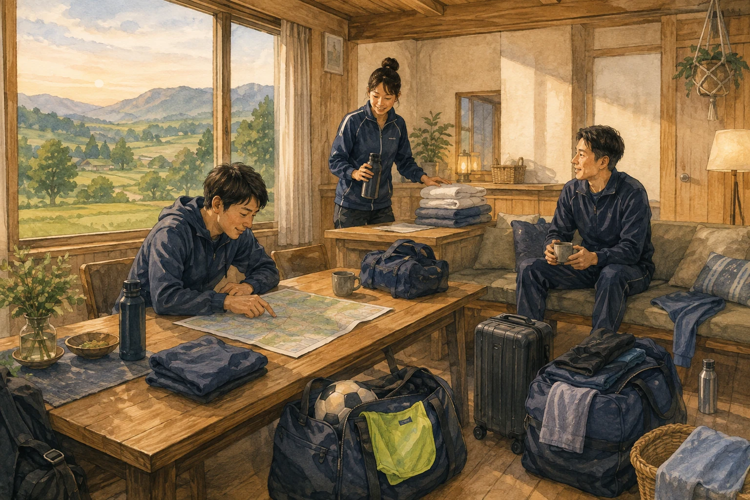 新冠の宿に荷物を置き、地図を囲んで翌日の過ごし方を相談する旅行者のイメージ