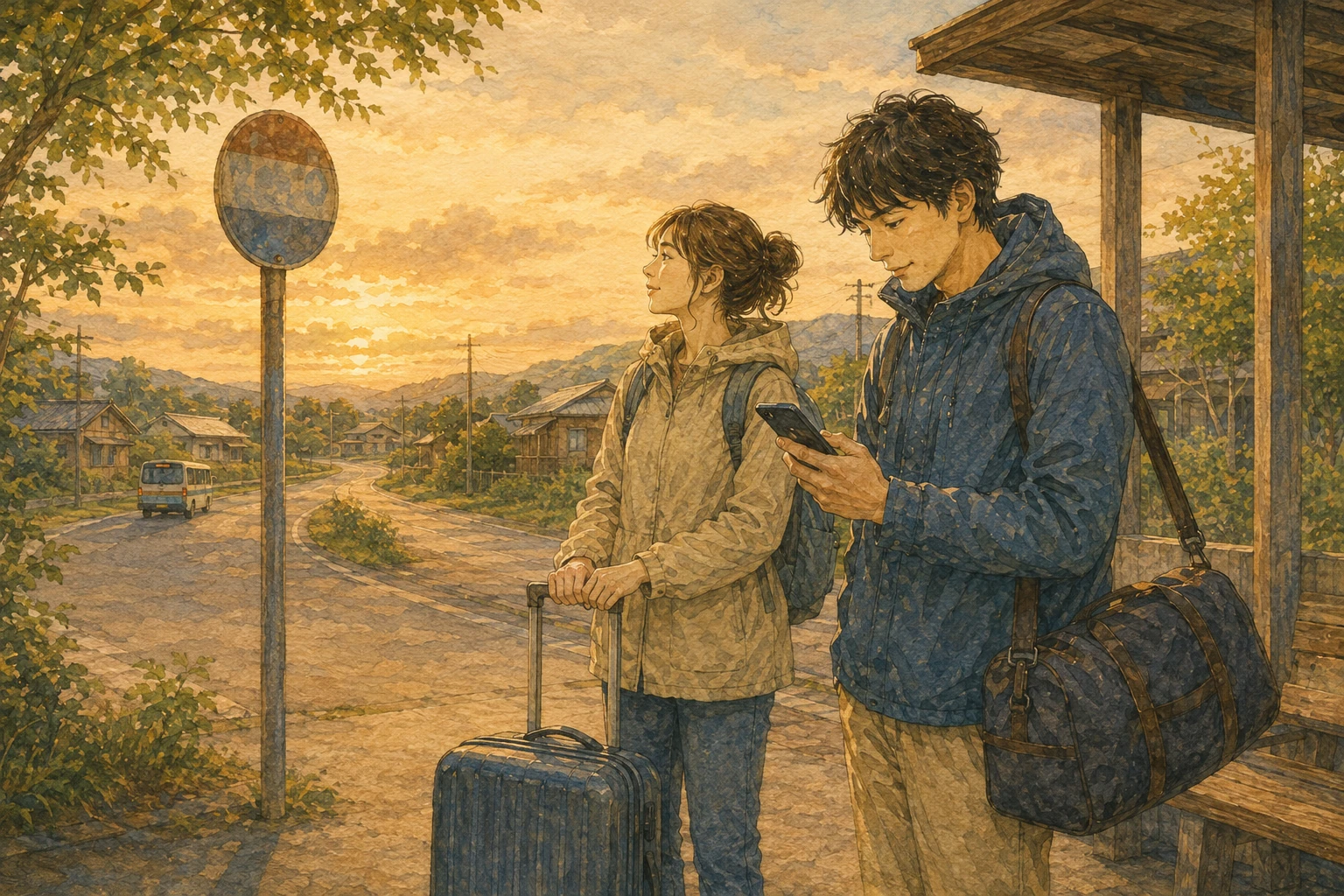 地域の停留所で荷物を持ち、宿泊先までの移動手段をスマートフォンで確認する旅行者のイメージ