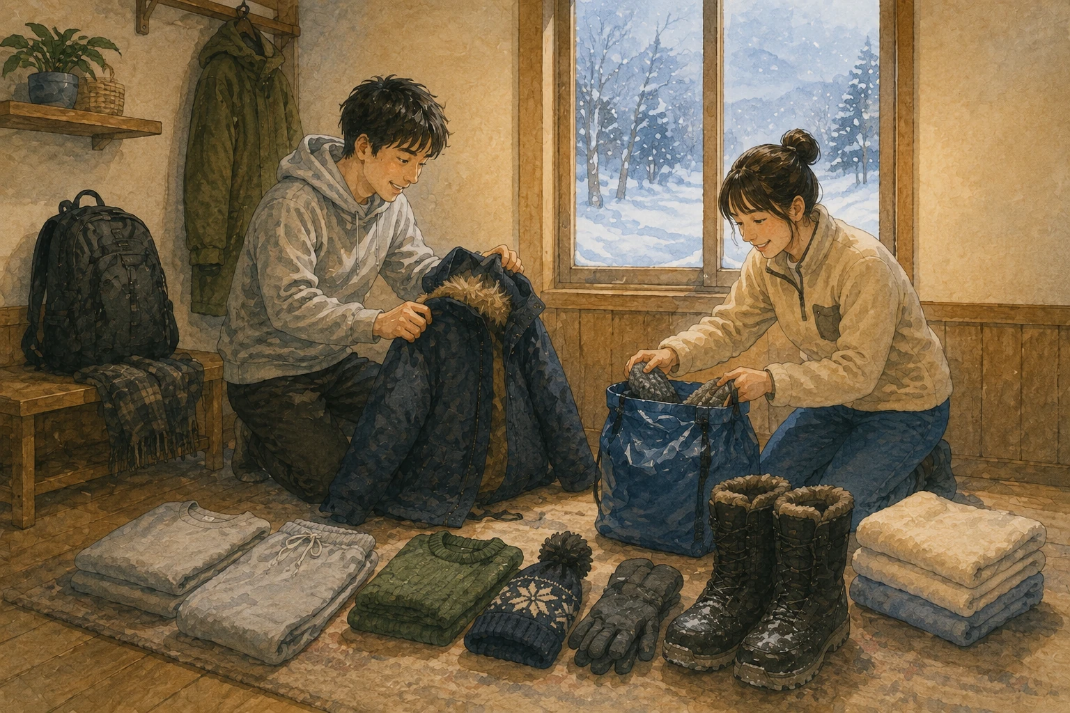 雪景色の室内で、防寒着や冬靴、手袋、濡れ物用バッグ、タオルを整理する宿泊者のイメージ