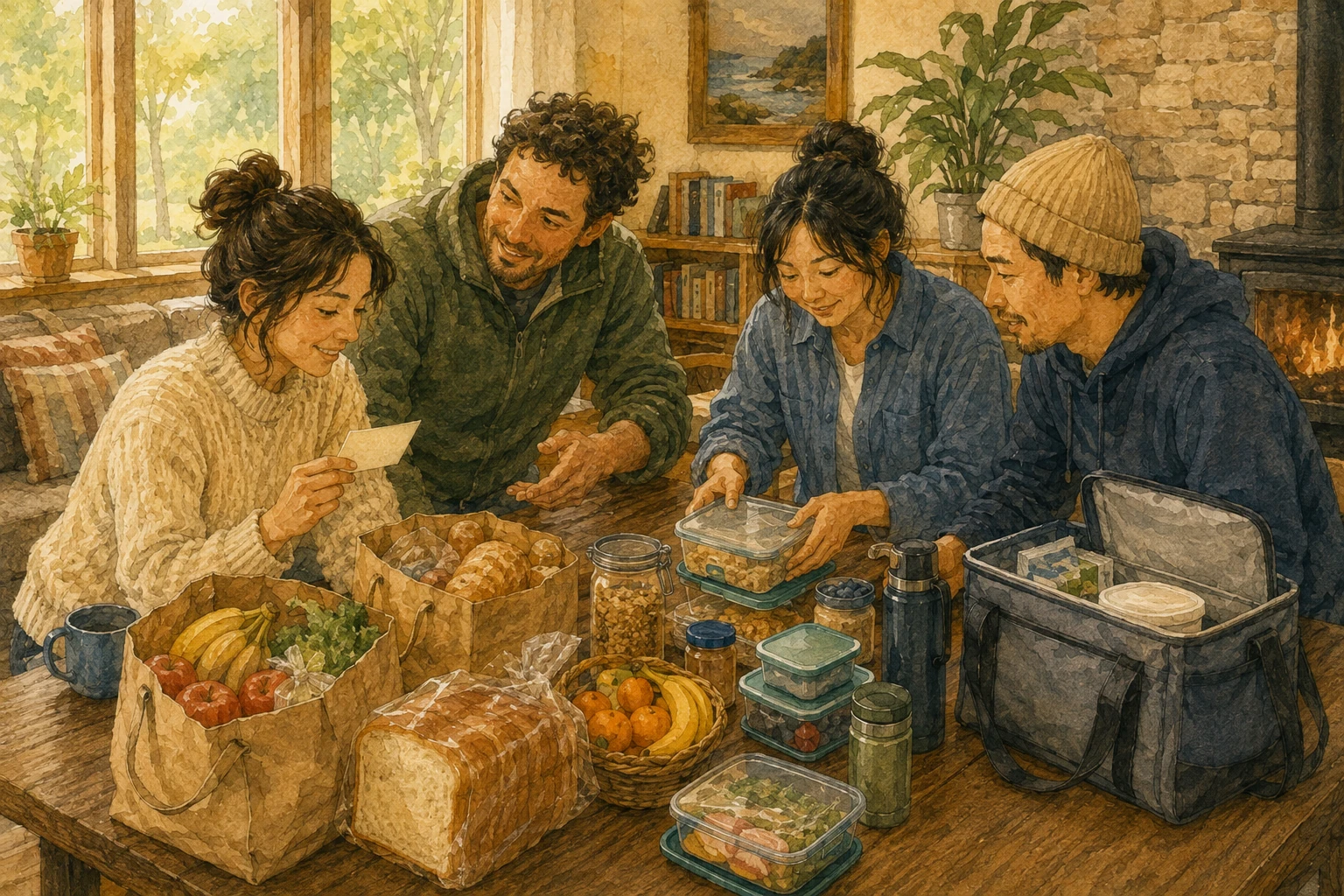 団体宿泊に向け、購入・持参した夕食や朝食、飲料を保冷バッグとともに人数分確認する旅行者のイメージ