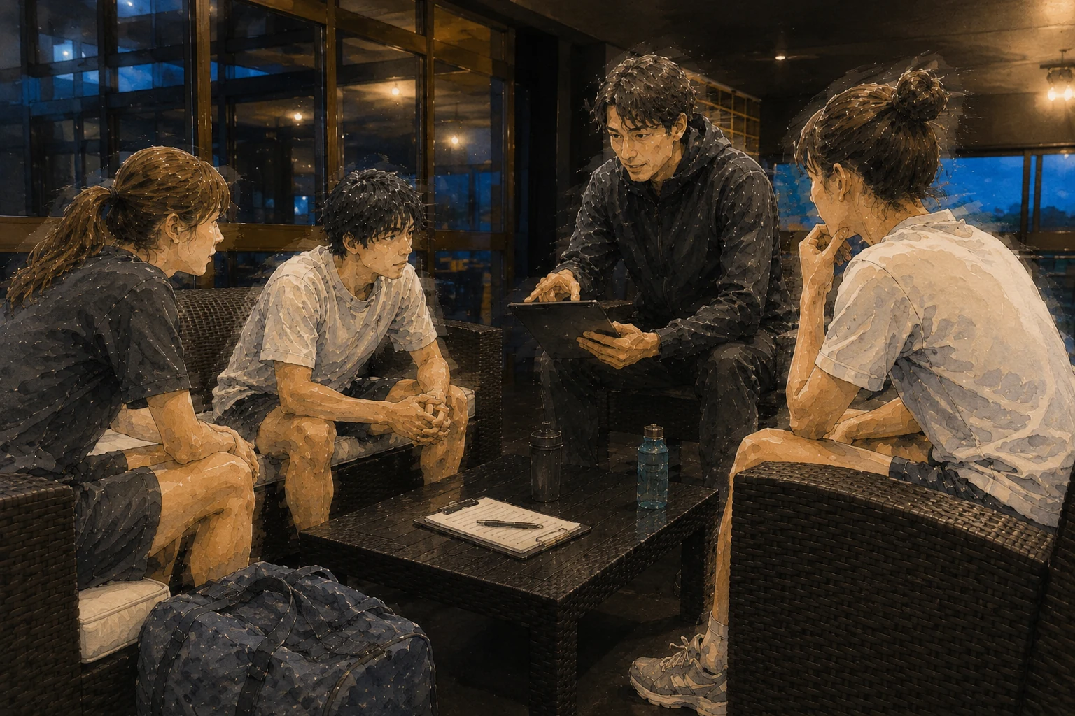 夜のロビーでノートを囲み話し合うチームメンバー