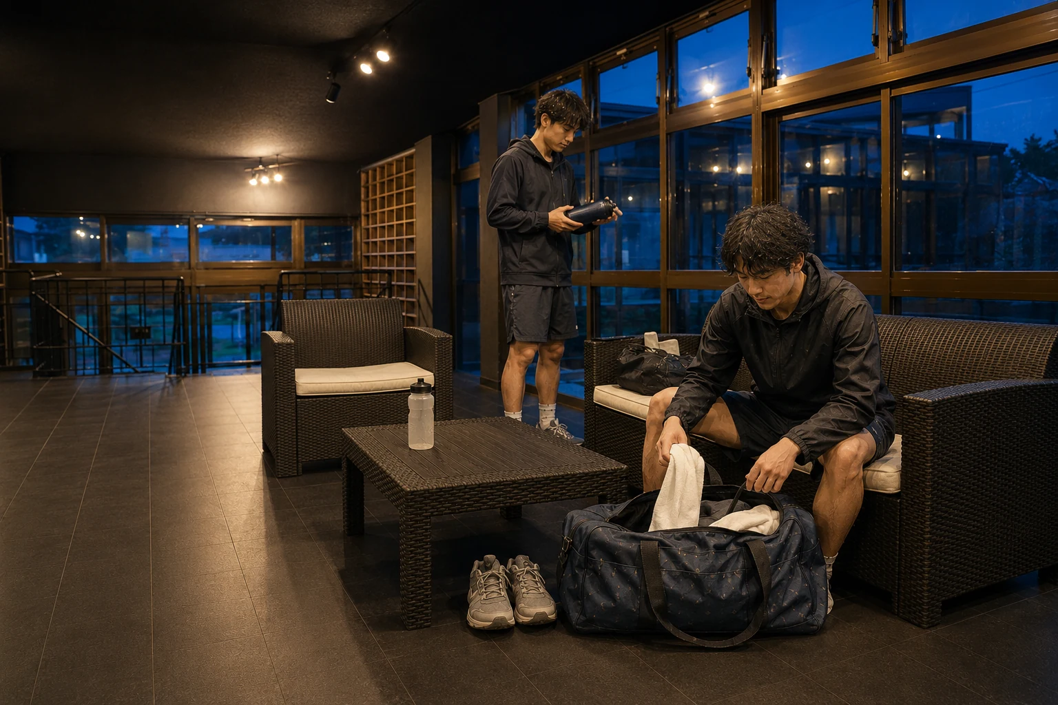 夜のロビーで翌日のスポーツ用品をバッグに詰める若者2人