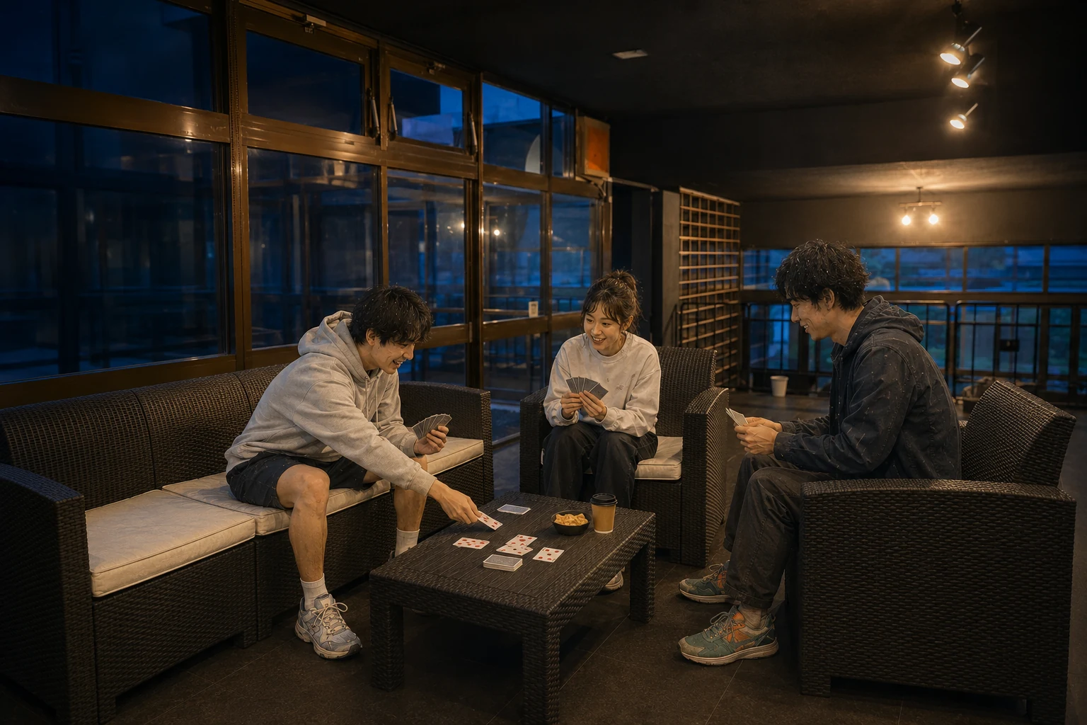 ロビーのテーブルでカードゲームを楽しむ友人3人